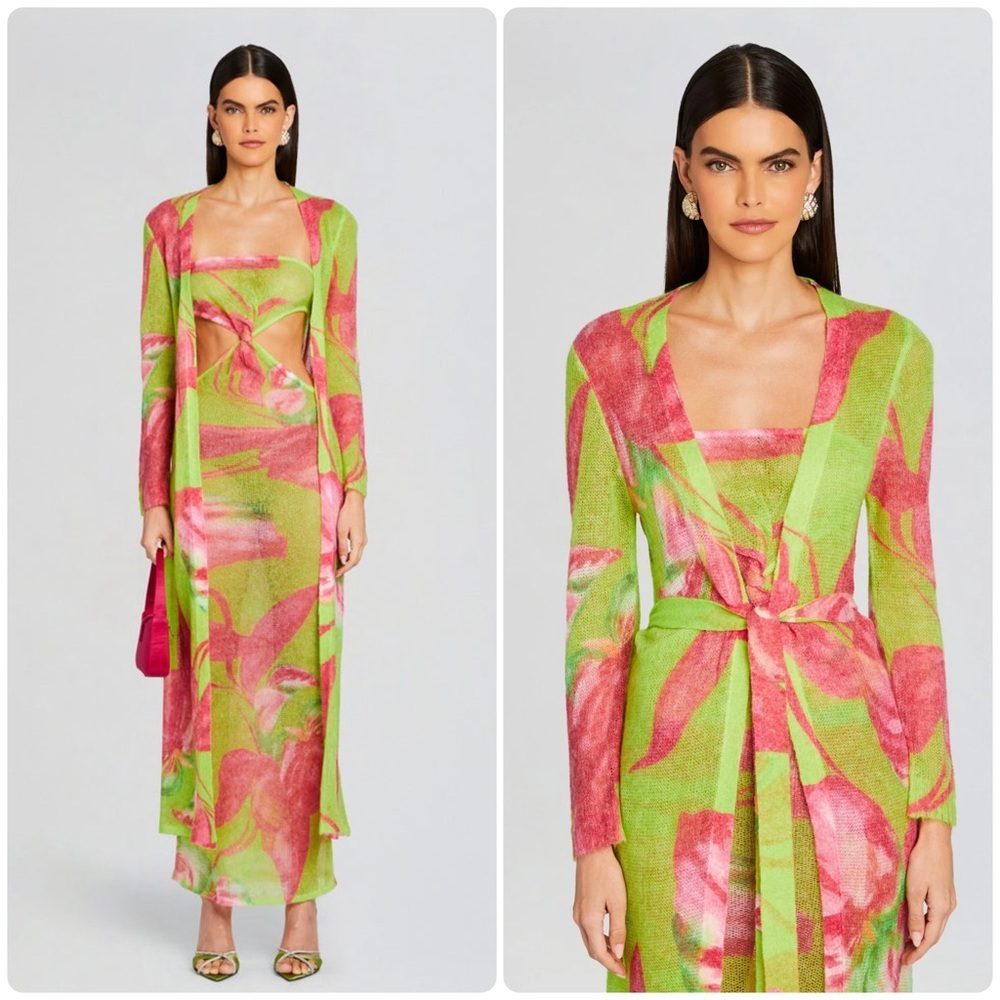 New! Retrofete Cruz Floral Knit Duster Wrap Tie Cardigan Pink & Green 🌴🌺 XS
